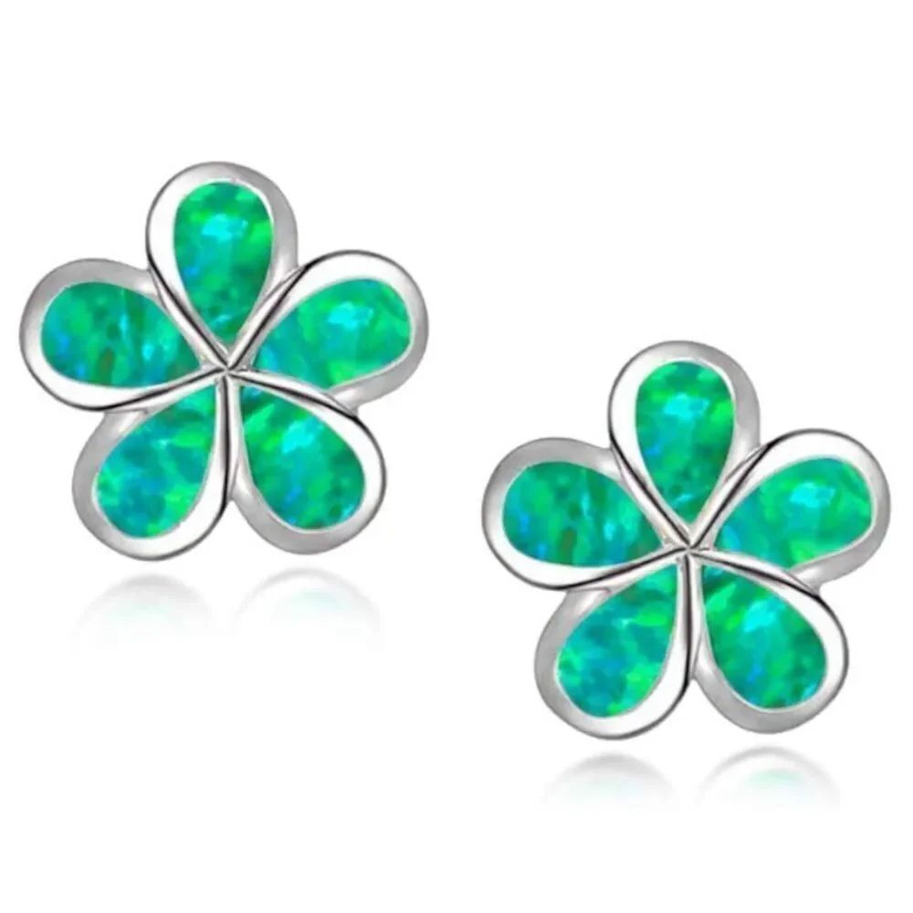 18K White Gold with Genuine Green Fire Opal Flower Post Back Stud Earrings